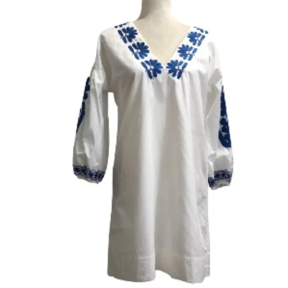 Madewell Blanca embroidered white dress blue stitching XS EUC - Picture 2 of 11